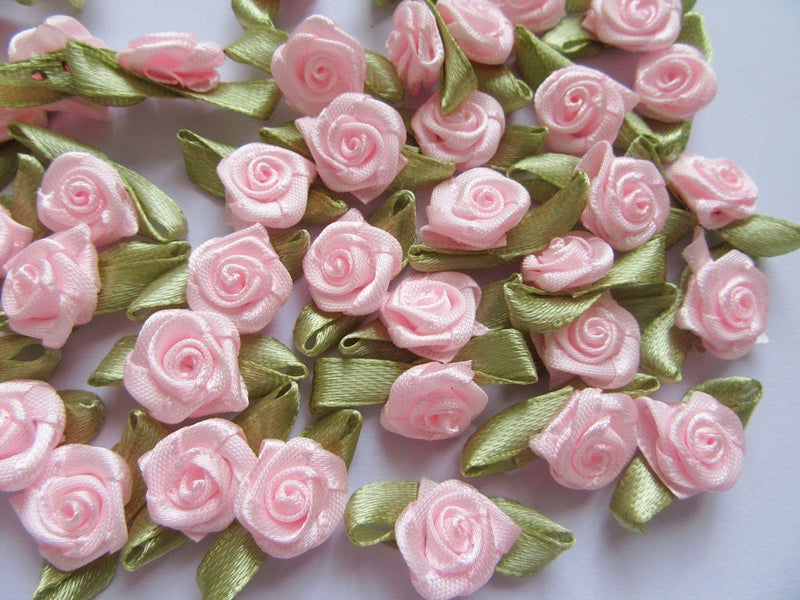 YYCRAFT Pack of 100 pcs Pink Satin Ribbon Rose w/Leaf Wedding Bride Appliques/Craft - Image 2